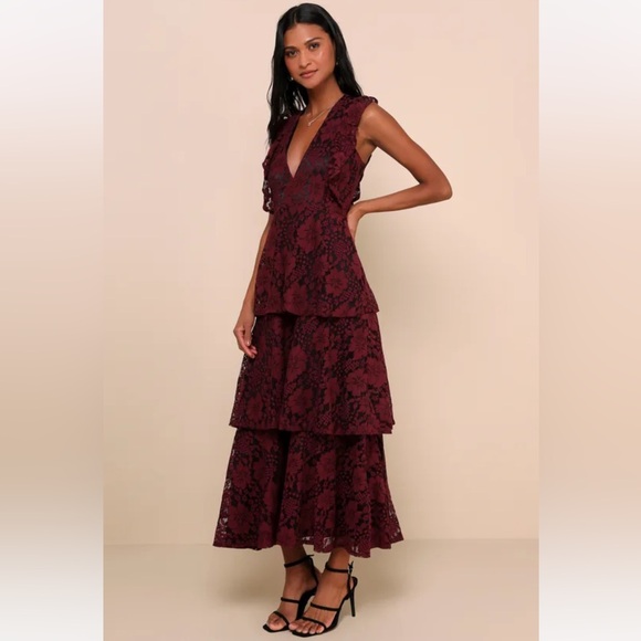 NWT Lulus Molinetto Burgundy Lace Ruffled Tiered Sleeveless Maxi Dress - Size XS - Picture 1 of 5